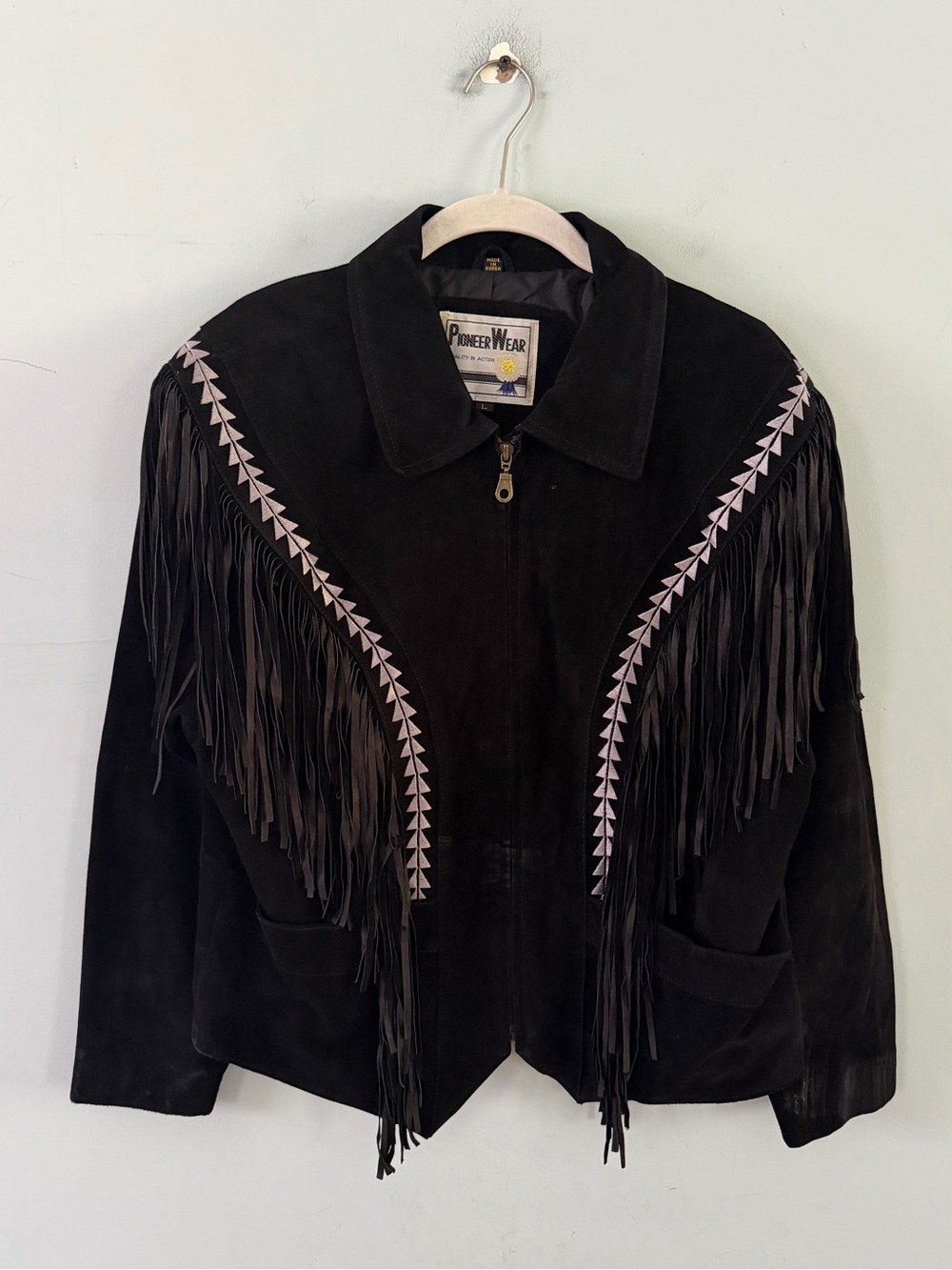 Vintage Pioneer Wear Suede Leather Black Fringe Western Jacket